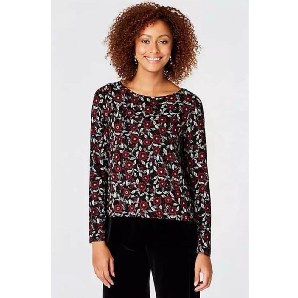 J. JILL Womens Black Red Floral Velvet Long Sleeve Tunic Top Size SMALL Comfort